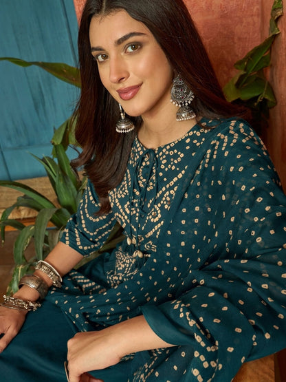 Bandhej Printed Cotton Straight Kurta Pant Dupatta Set