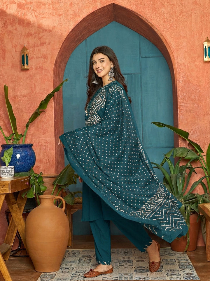 Bandhej Printed Cotton Straight Kurta Pant Dupatta Set