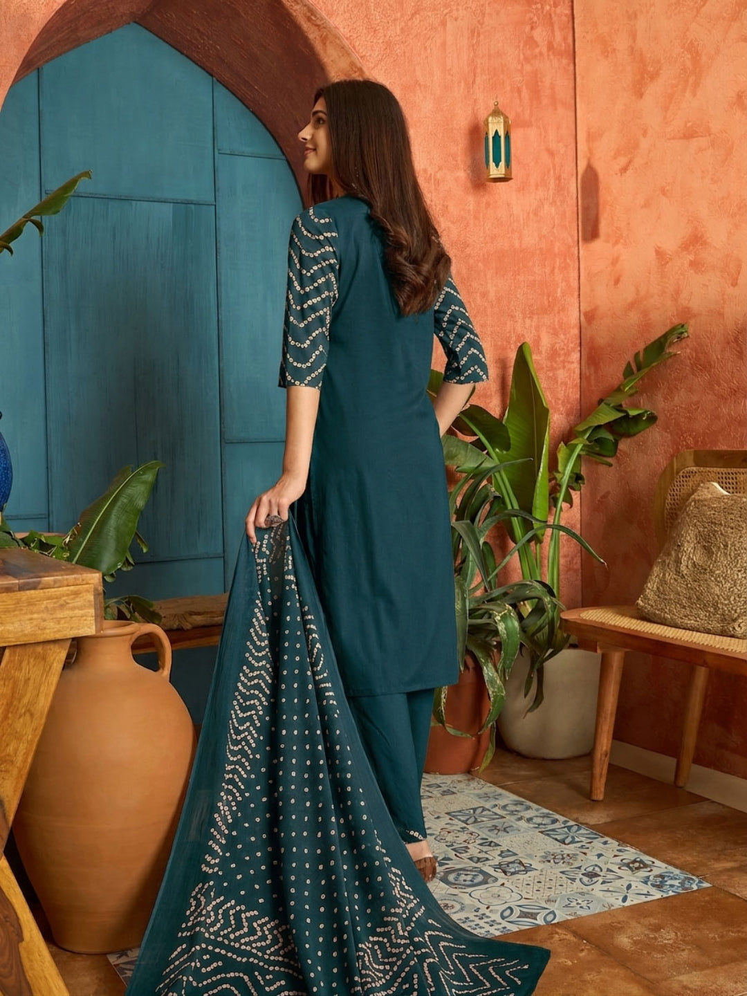 Bandhej Printed Cotton Straight Kurta Pant Dupatta Set