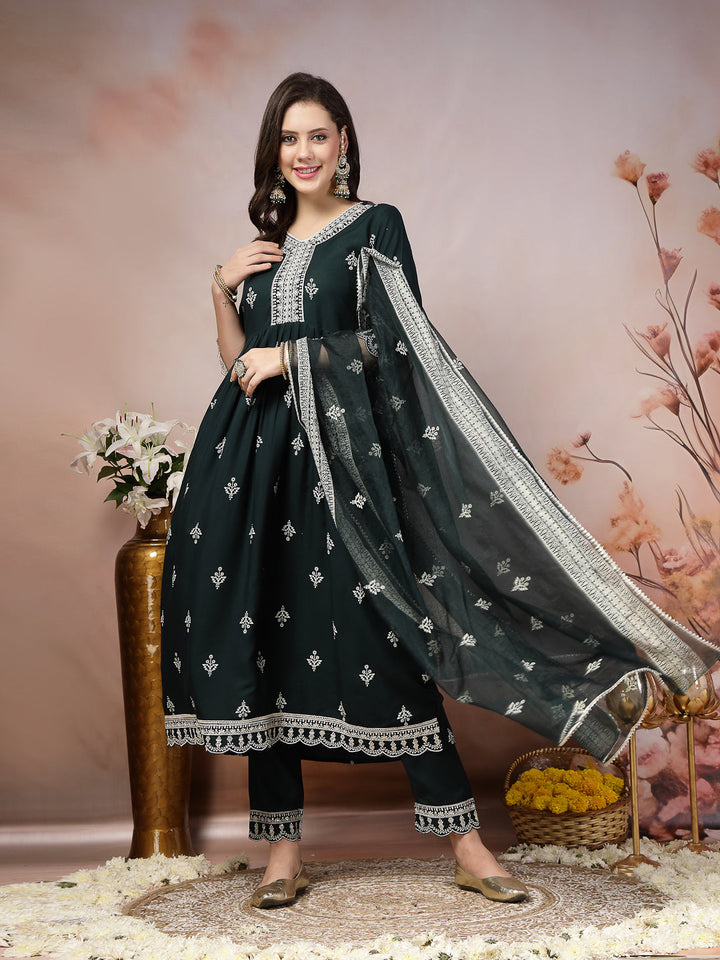 Teal Ethnic Motif Printed &amp; Embroidered Rayon Flared Kurta Pant Dupatta Set