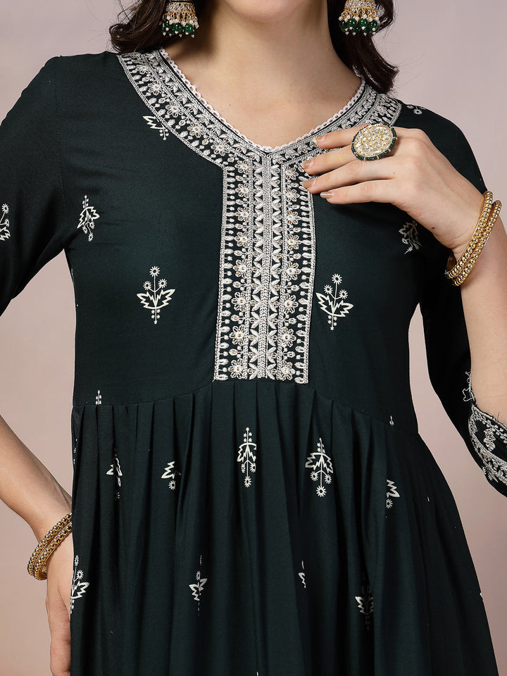 Teal Ethnic Motif Printed &amp; Embroidered Rayon Flared Kurta Pant Dupatta Set