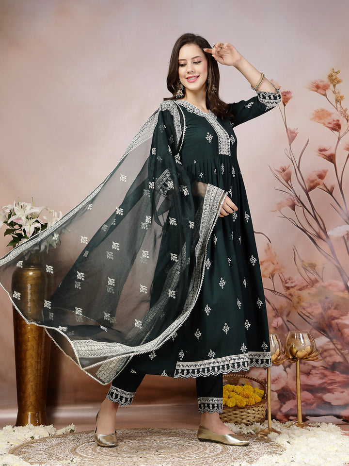 Teal Ethnic Motif Printed &amp; Embroidered Rayon Flared Kurta Pant Dupatta Set