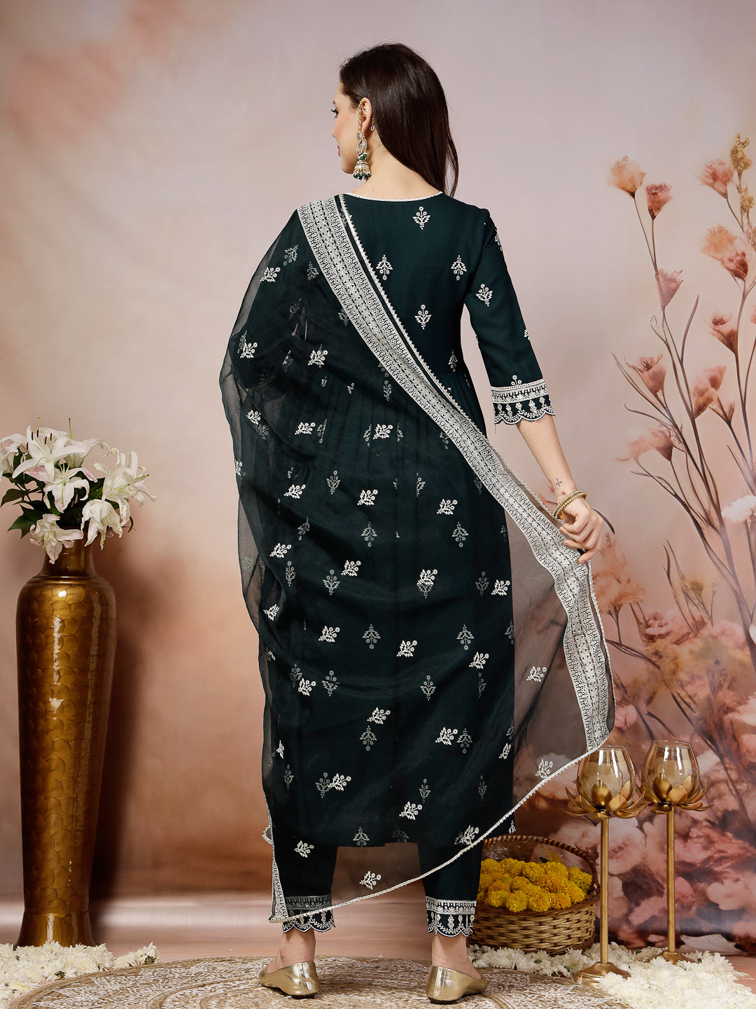 Teal Ethnic Motif Printed &amp; Embroidered Rayon Flared Kurta Pant Dupatta Set