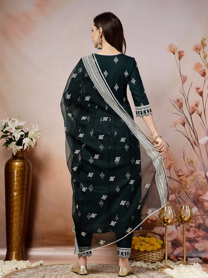 Teal Ethnic Motif Printed &amp; Embroidered Rayon Flared Kurta Pant Dupatta Set