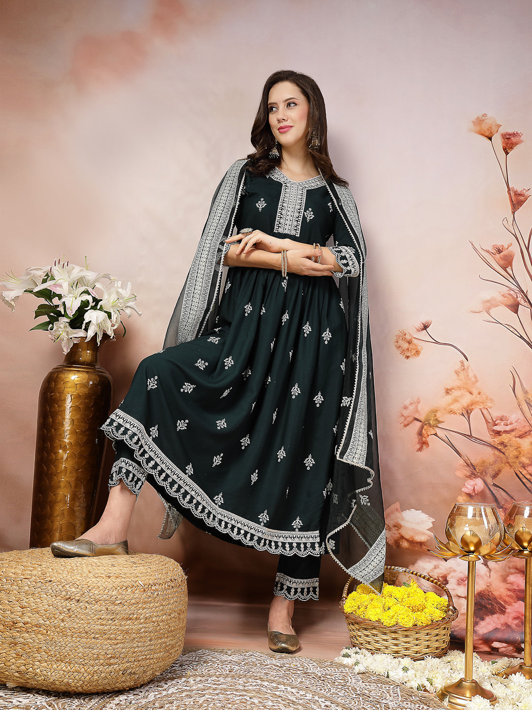 Teal Ethnic Motif Printed &amp; Embroidered Rayon Flared Kurta Pant Dupatta Set