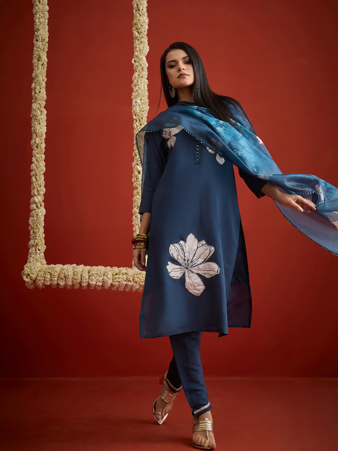 Solid &amp; Embroidered Printed Rayon Straight Kurta Pant Dupatta Set