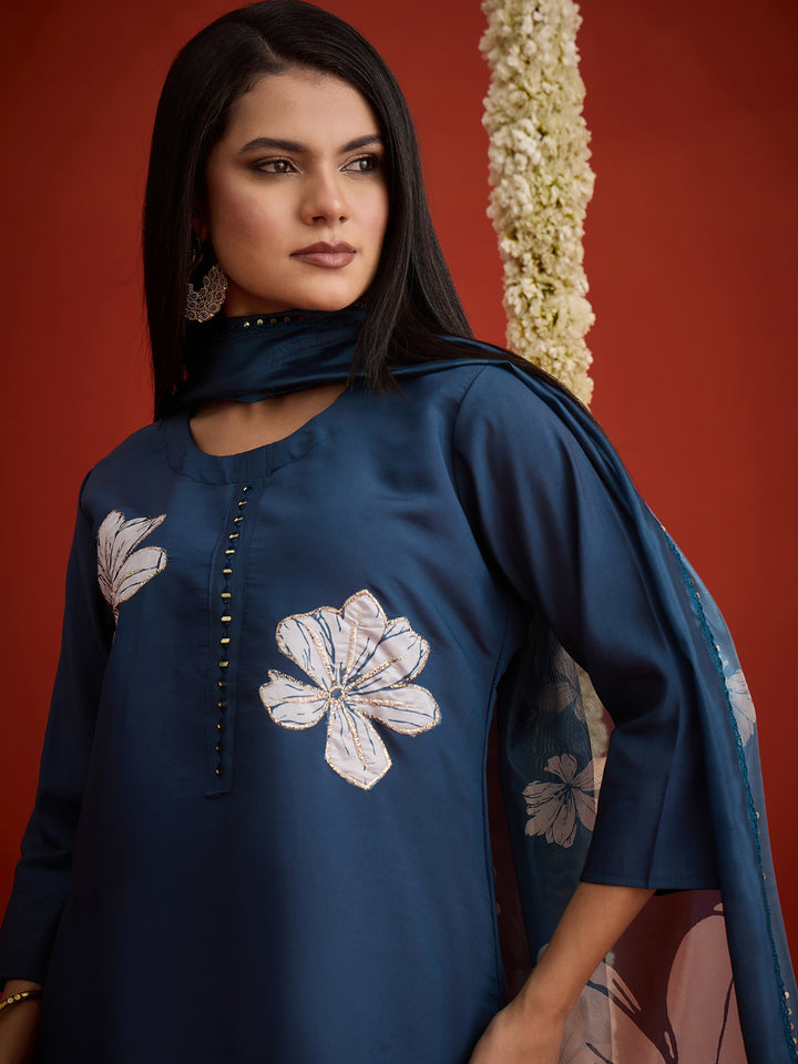 Solid &amp; Embroidered Printed Rayon Straight Kurta Pant Dupatta Set