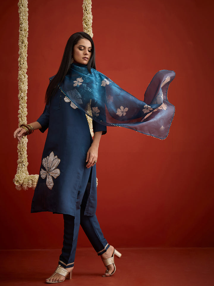 Solid &amp; Embroidered Printed Rayon Straight Kurta Pant Dupatta Set