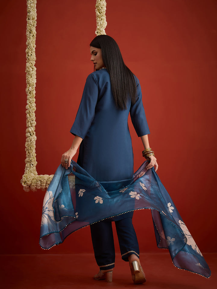 Solid &amp; Embroidered Printed Rayon Straight Kurta Pant Dupatta Set