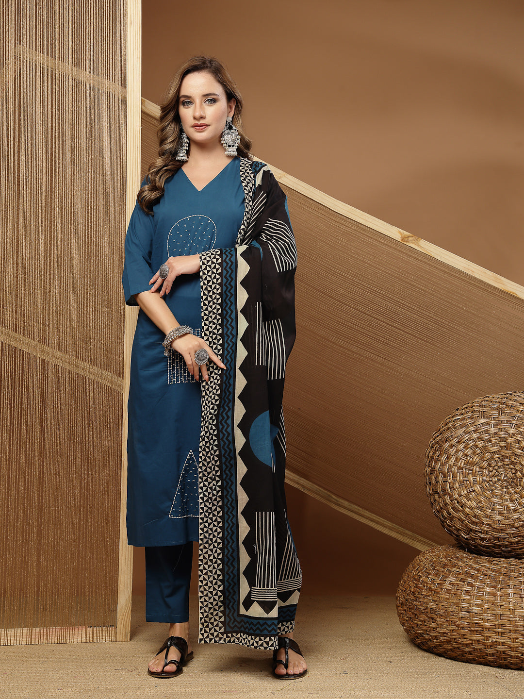 Solid &amp; Embroidered Rayon Straight Kurta Pant Dupatta Set