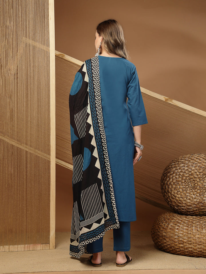 Solid &amp; Embroidered Rayon Straight Kurta Pant Dupatta Set
