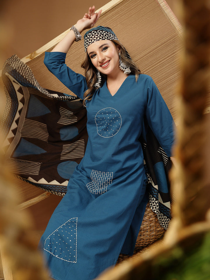 Solid &amp; Embroidered Rayon Straight Kurta Pant Dupatta Set