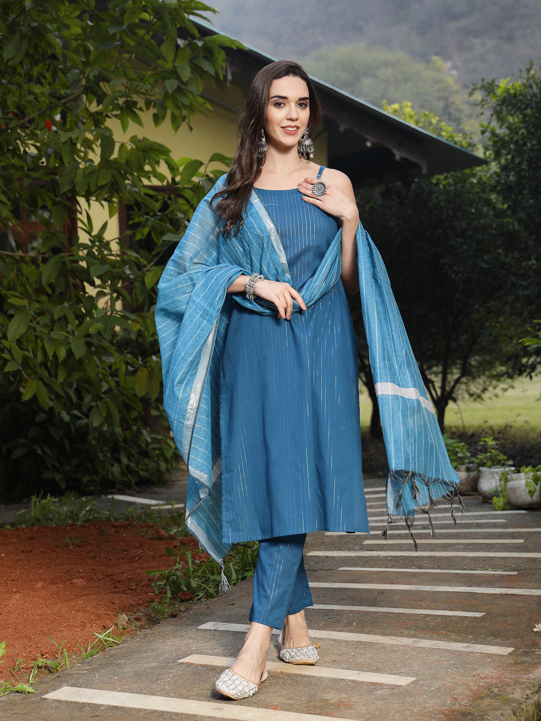 Teal Woven Design Cotton Blend Straight Kurta Pant Dupatta Set