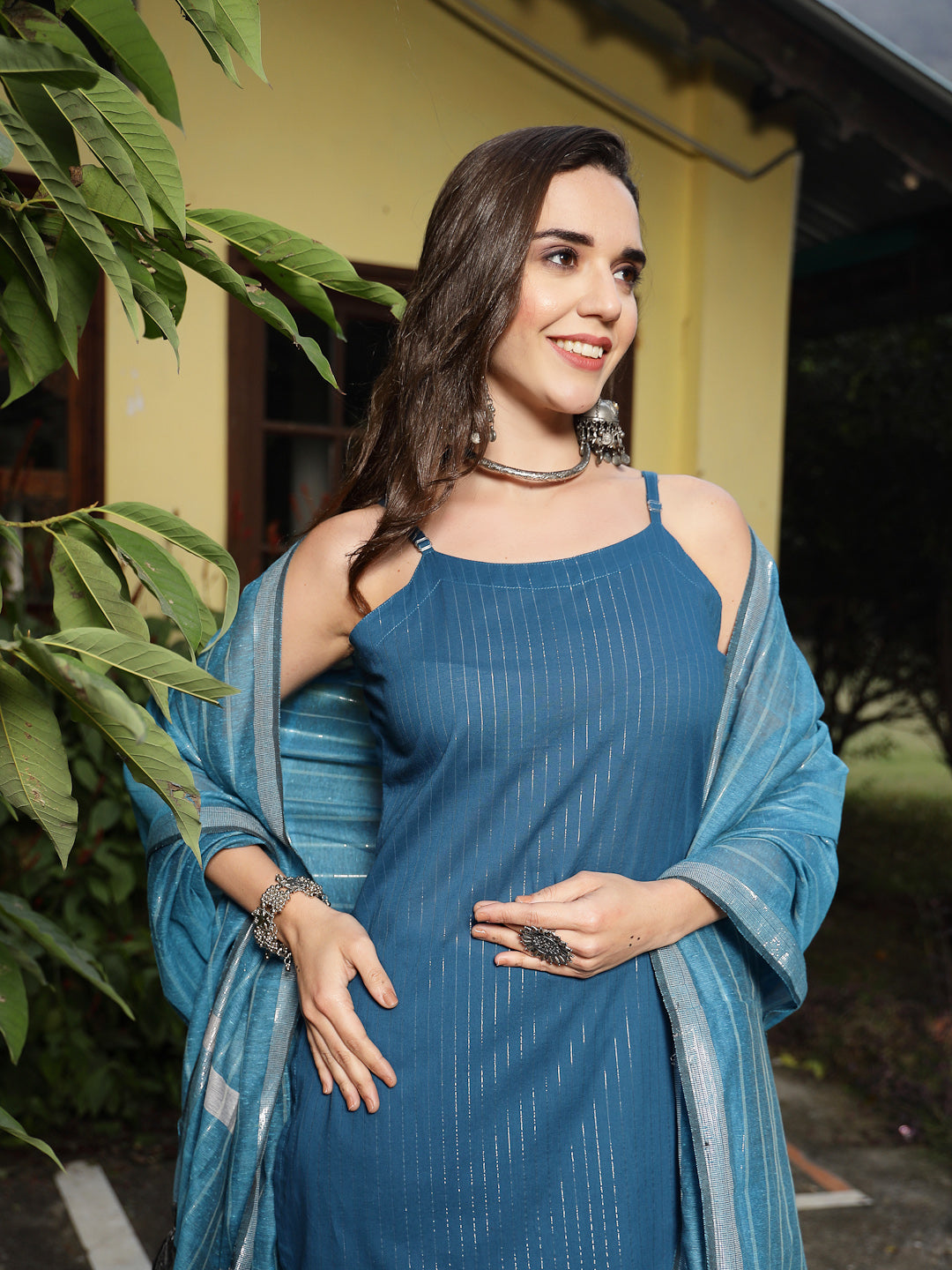 Teal Woven Design Cotton Blend Straight Kurta Pant Dupatta Set