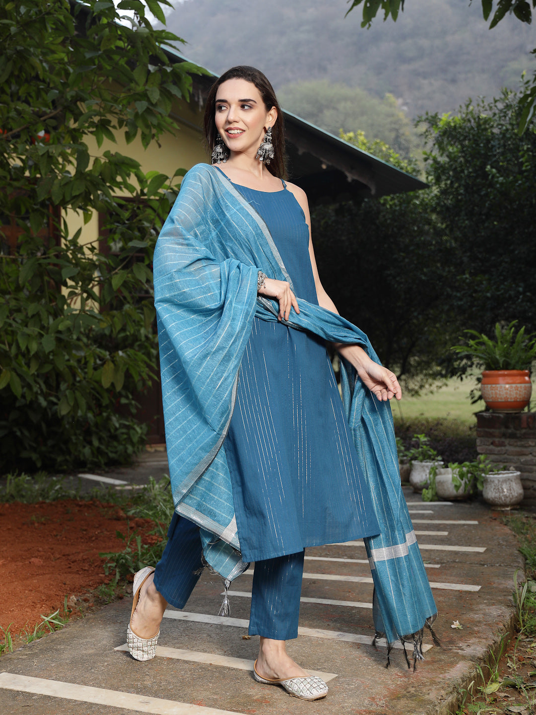 Teal Woven Design Cotton Blend Straight Kurta Pant Dupatta Set
