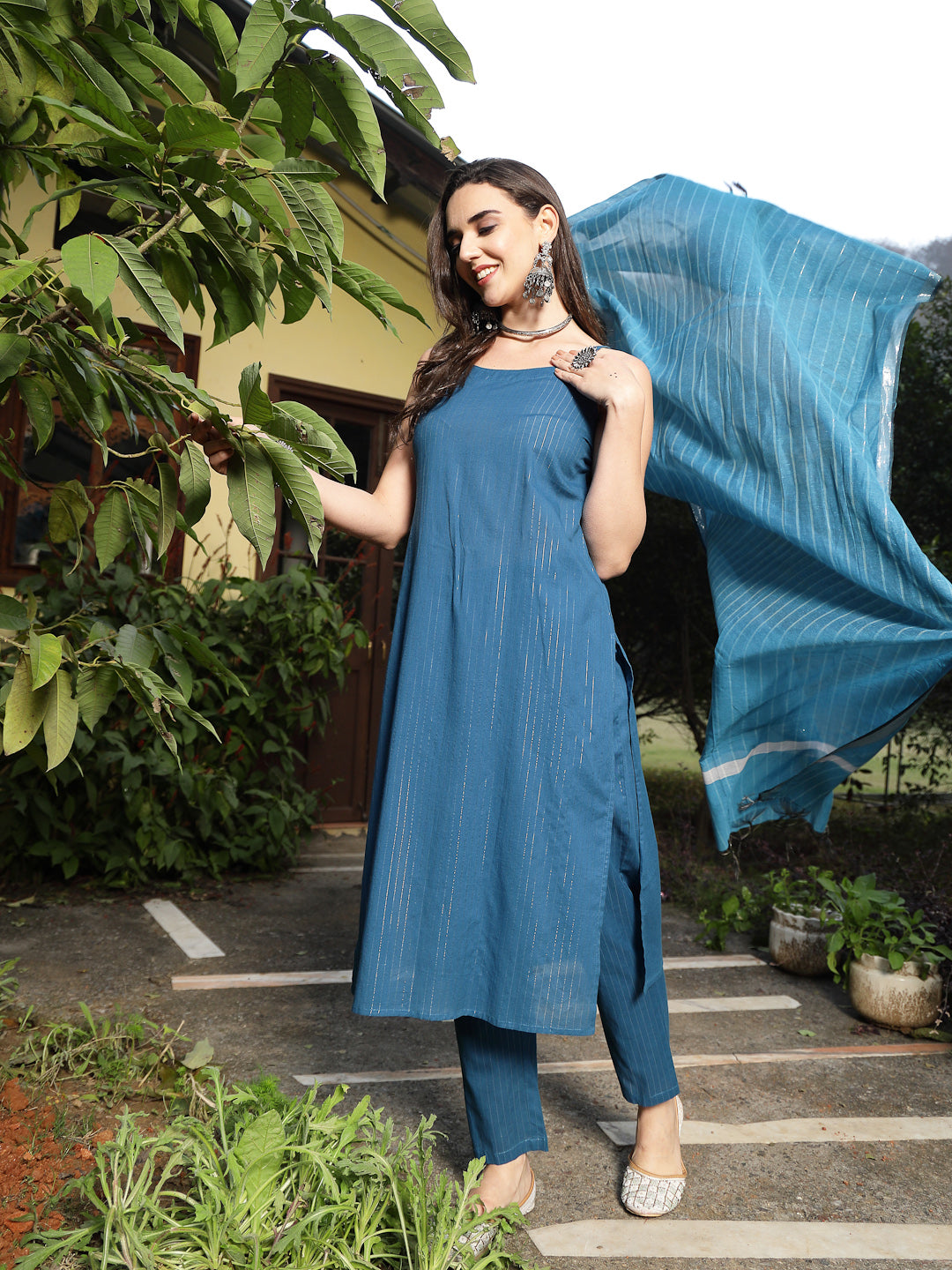 Teal Woven Design Cotton Blend Straight Kurta Pant Dupatta Set