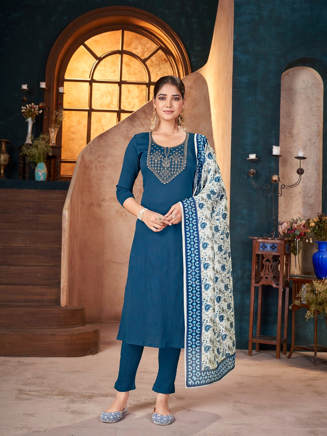 Teal Solid &amp; Embroidered Crepe Straight Kurta Pant Dupatta Set