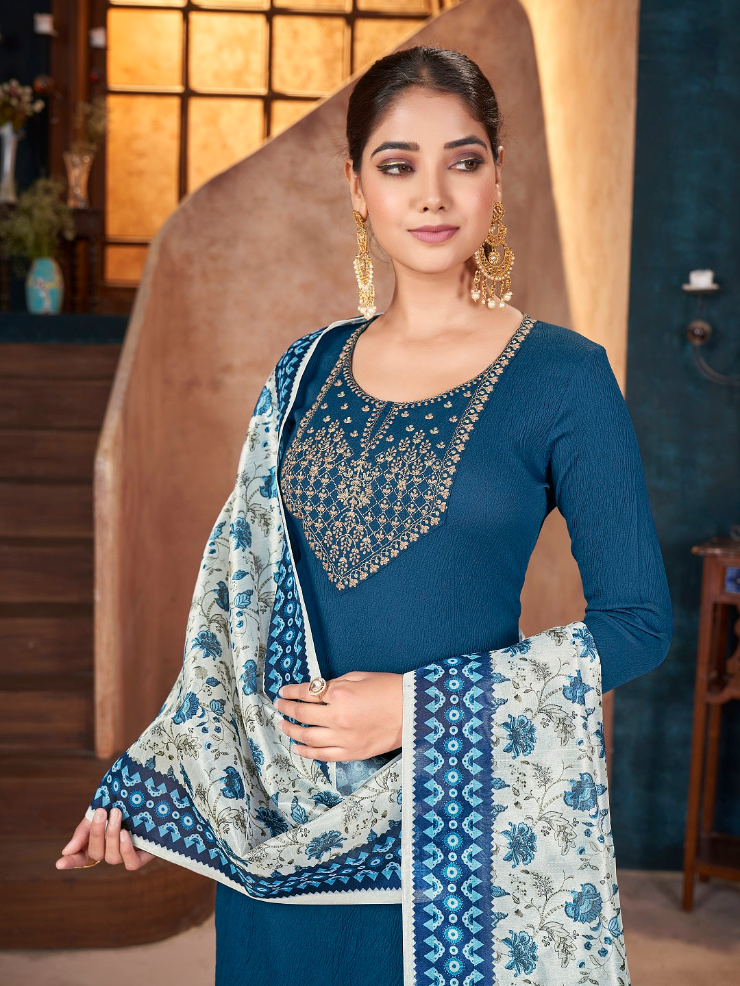 Teal Solid &amp; Embroidered Crepe Straight Kurta Pant Dupatta Set