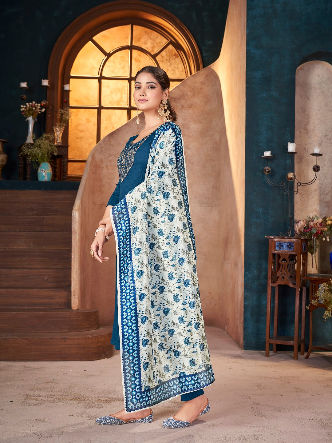 Teal Solid &amp; Embroidered Crepe Straight Kurta Pant Dupatta Set