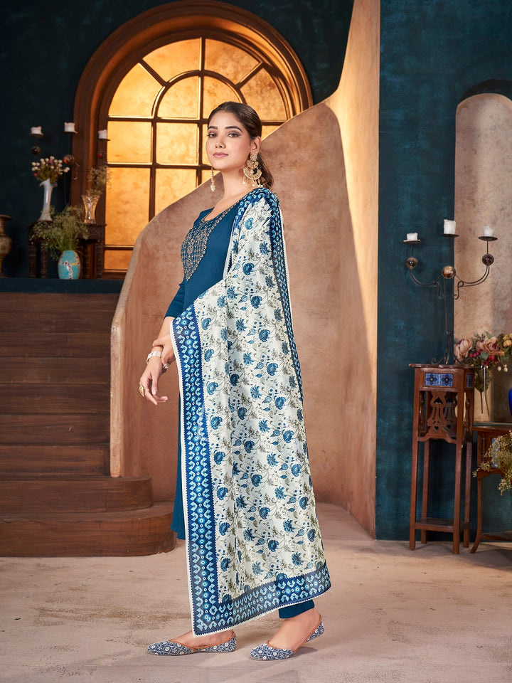 Teal Solid &amp; Embroidered Crepe Straight Kurta Pant Dupatta Set