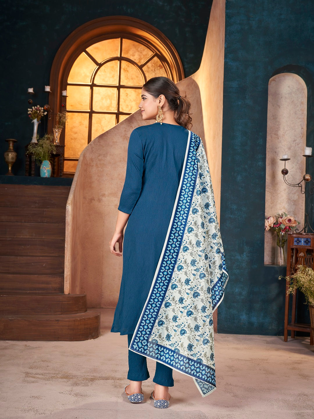 Teal Solid & Embroidered Crepe Straight Kurta Pant Dupatta Set (Pre-Order)