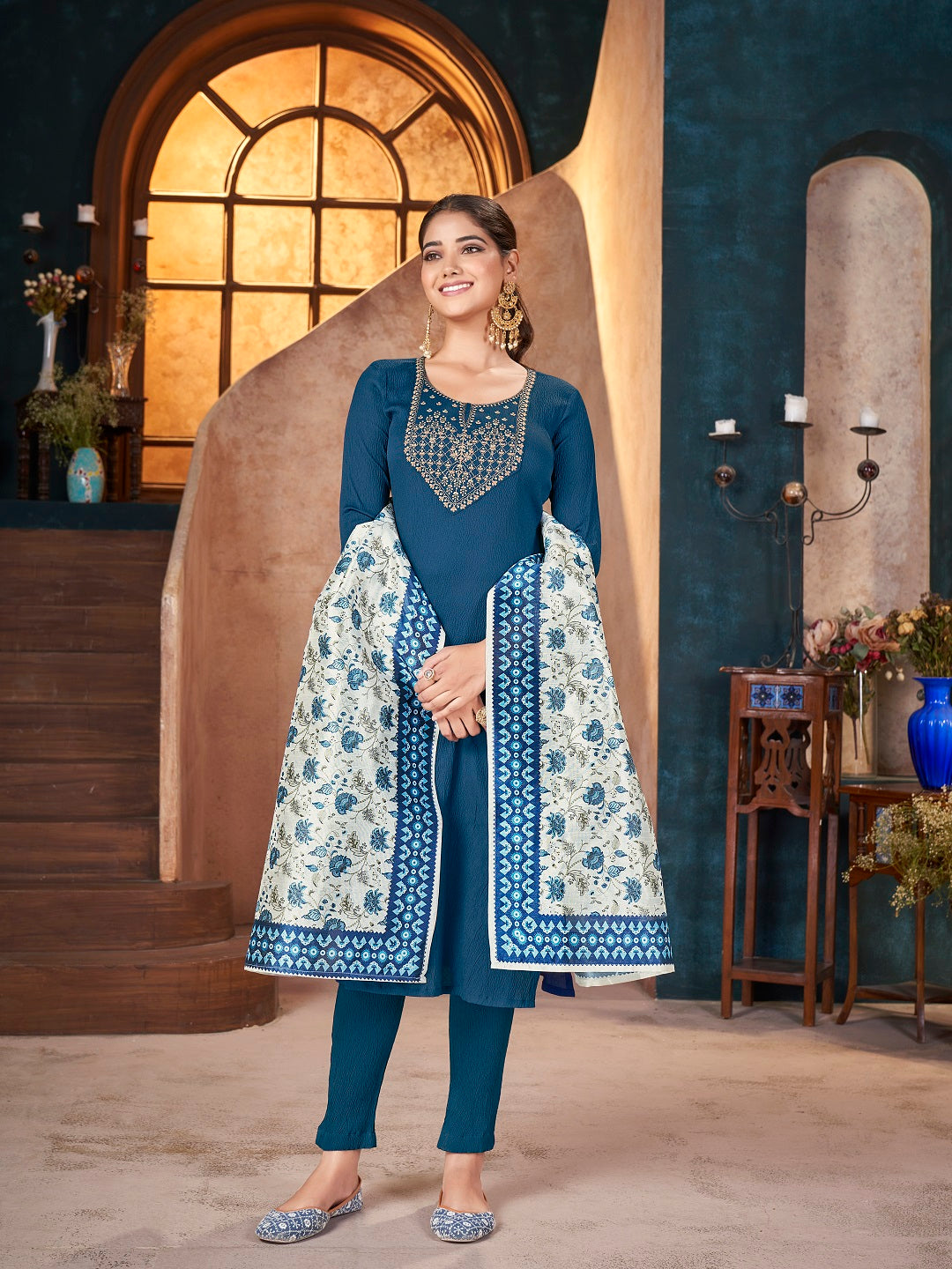 Teal Solid &amp; Embroidered Crepe Straight Kurta Pant Dupatta Set
