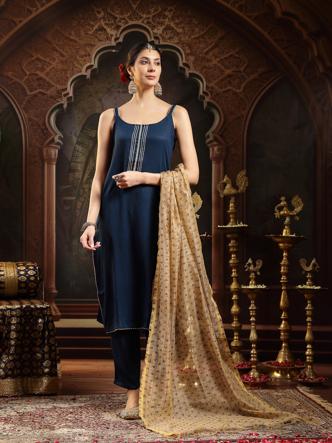 Teal Solid &amp; Embroidered Italian Crepe Straight Kurta Pant Dupatta Set