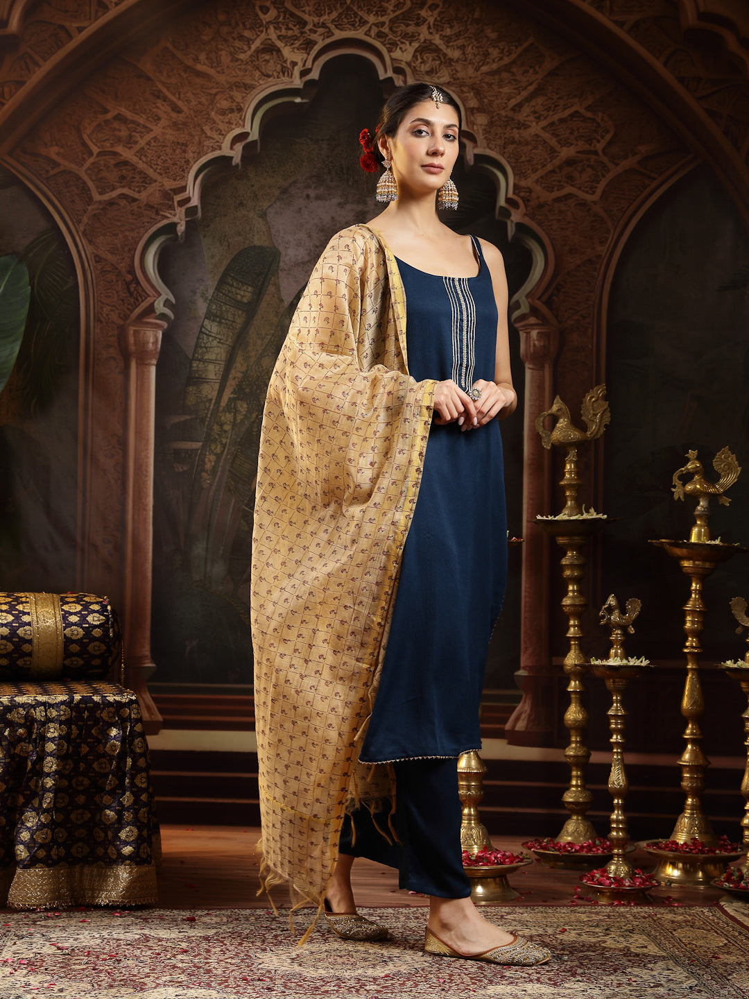 Teal Solid &amp; Embroidered Italian Crepe Straight Kurta Pant Dupatta Set
