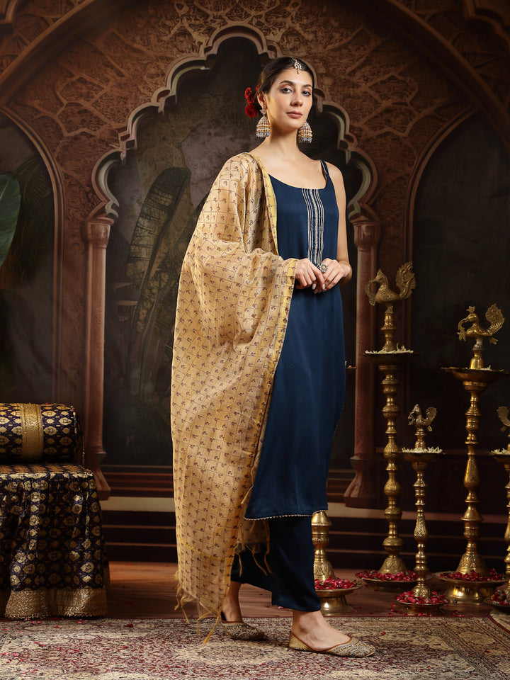 Teal Solid &amp; Embroidered Italian Crepe Straight Kurta Pant Dupatta Set