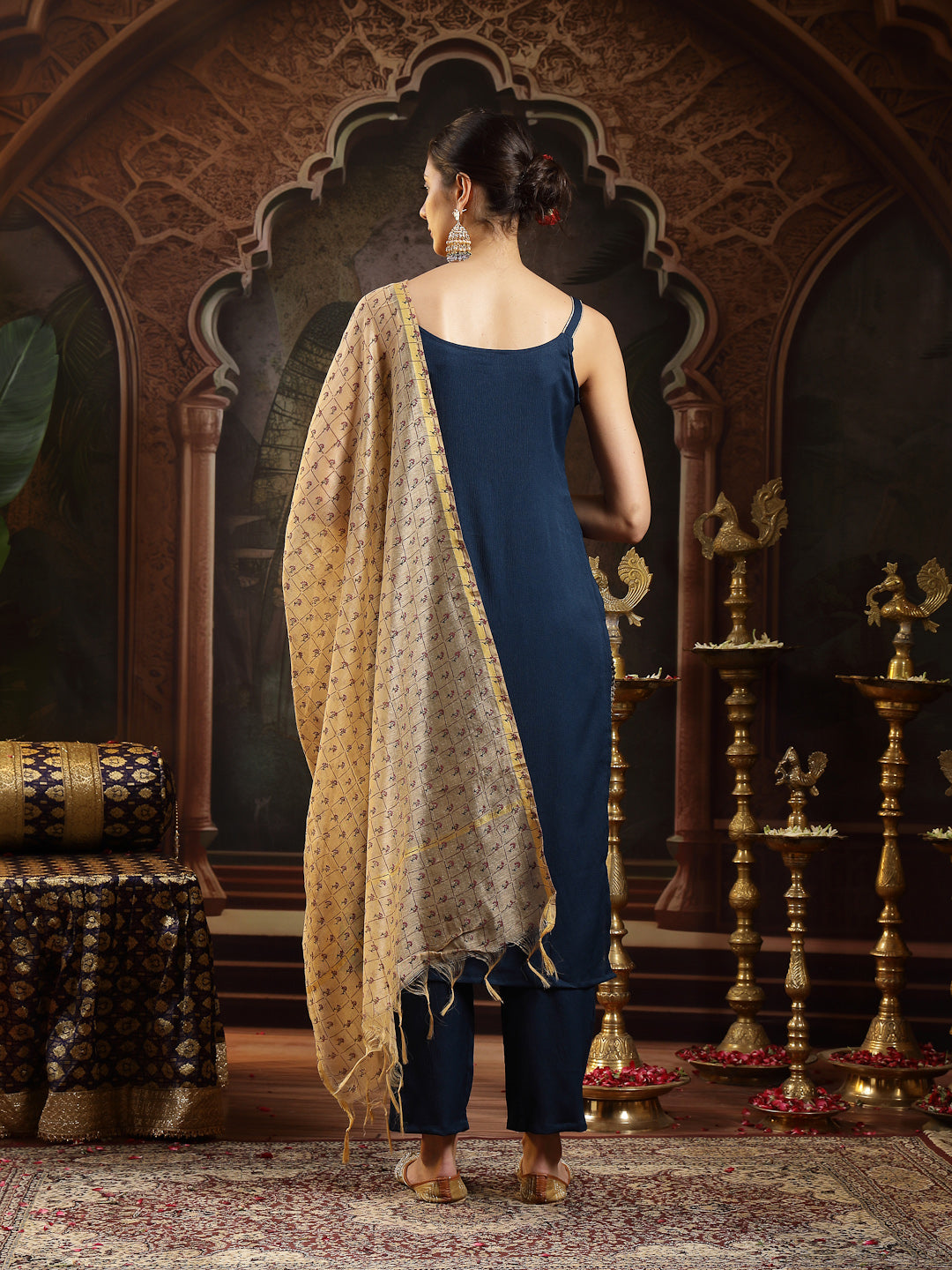 Teal Solid &amp; Embroidered Italian Crepe Straight Kurta Pant Dupatta Set