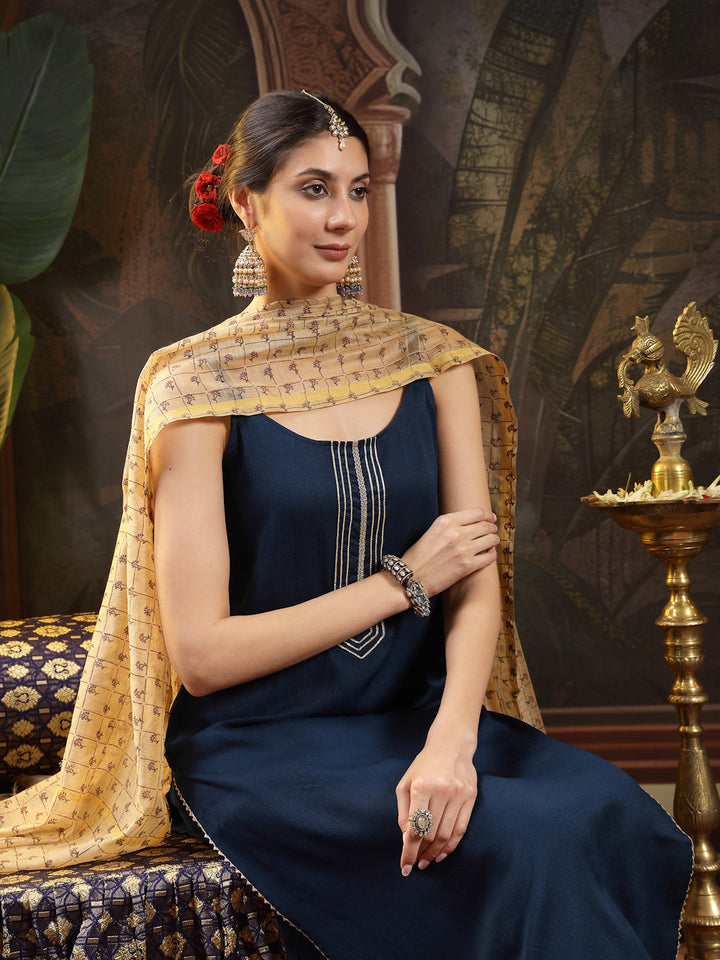 Teal Solid &amp; Embroidered Italian Crepe Straight Kurta Pant Dupatta Set