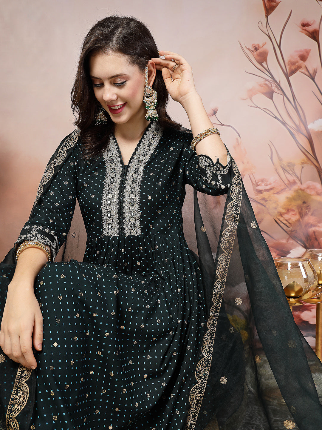 Teal Bandhani Printed &amp; Embroidered Rayon Flared Kurta Pant Dupatta Set