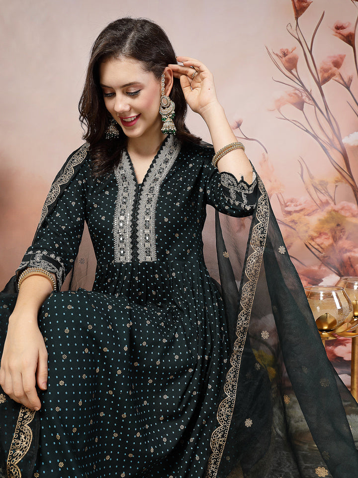 Teal Bandhani Printed &amp; Embroidered Rayon Flared Kurta Pant Dupatta Set