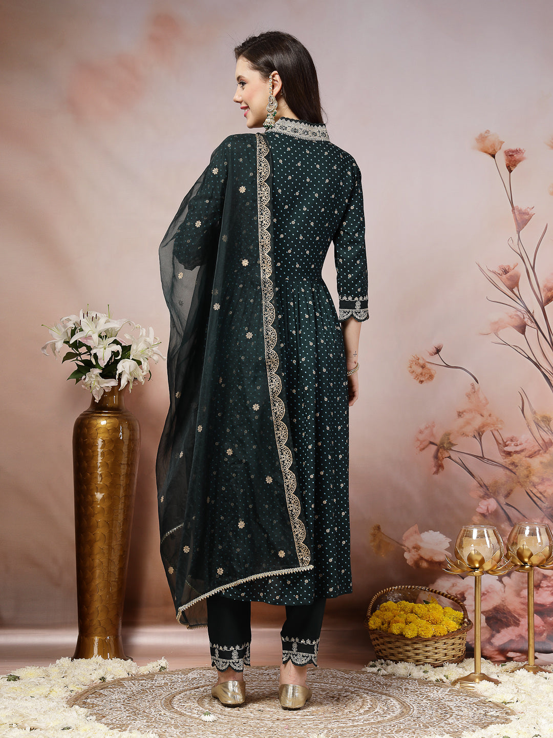 Teal Bandhani Printed &amp; Embroidered Rayon Flared Kurta Pant Dupatta Set