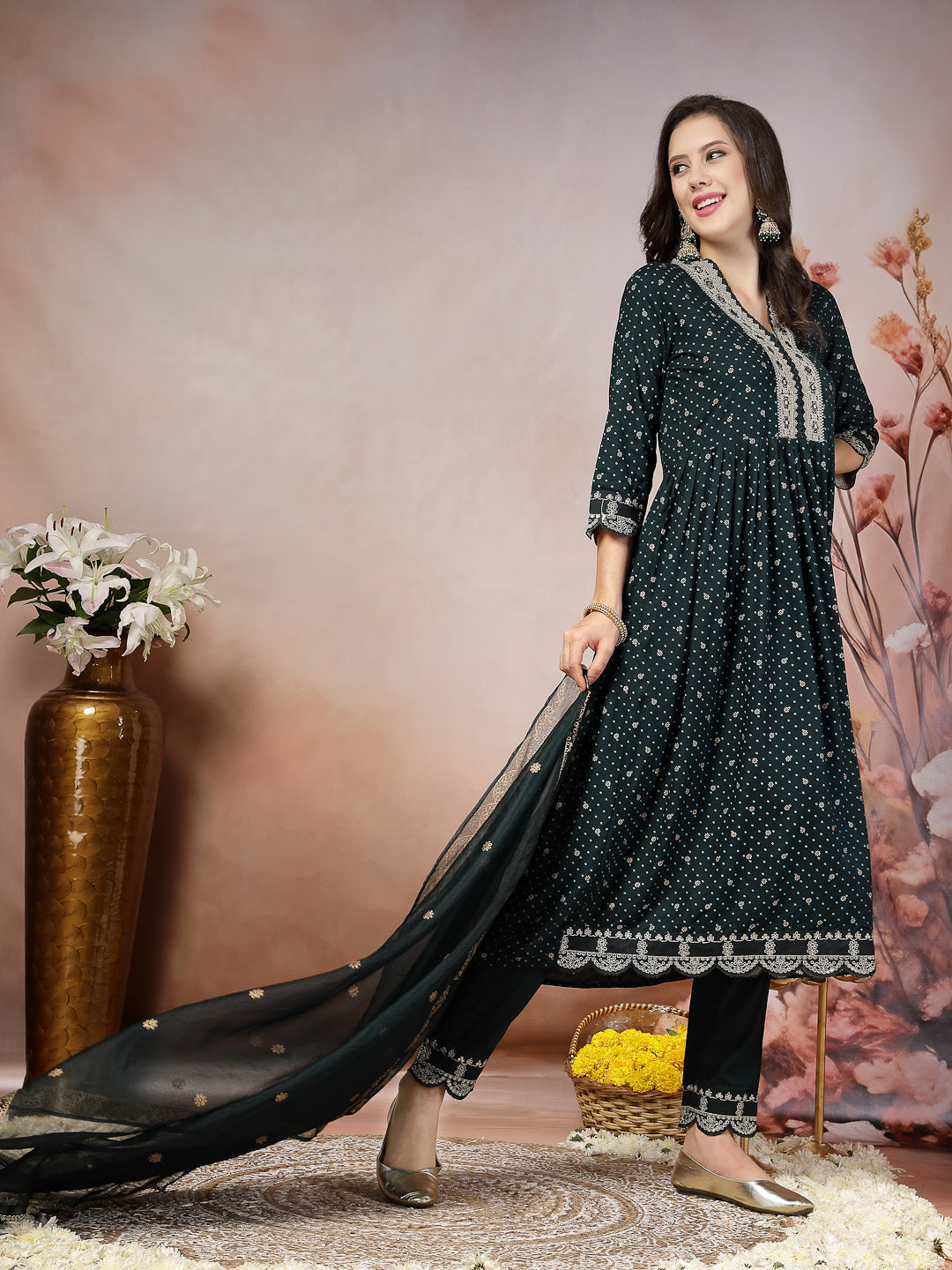 Teal Bandhani Printed &amp; Embroidered Rayon Flared Kurta Pant Dupatta Set