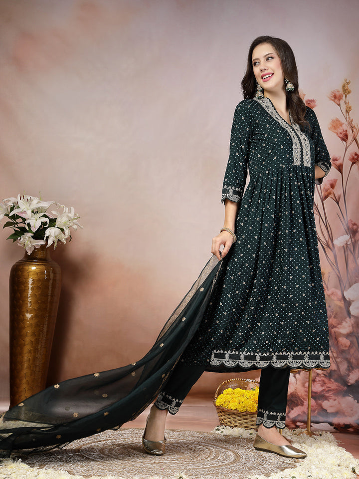 Teal Bandhani Printed &amp; Embroidered Rayon Flared Kurta Pant Dupatta Set