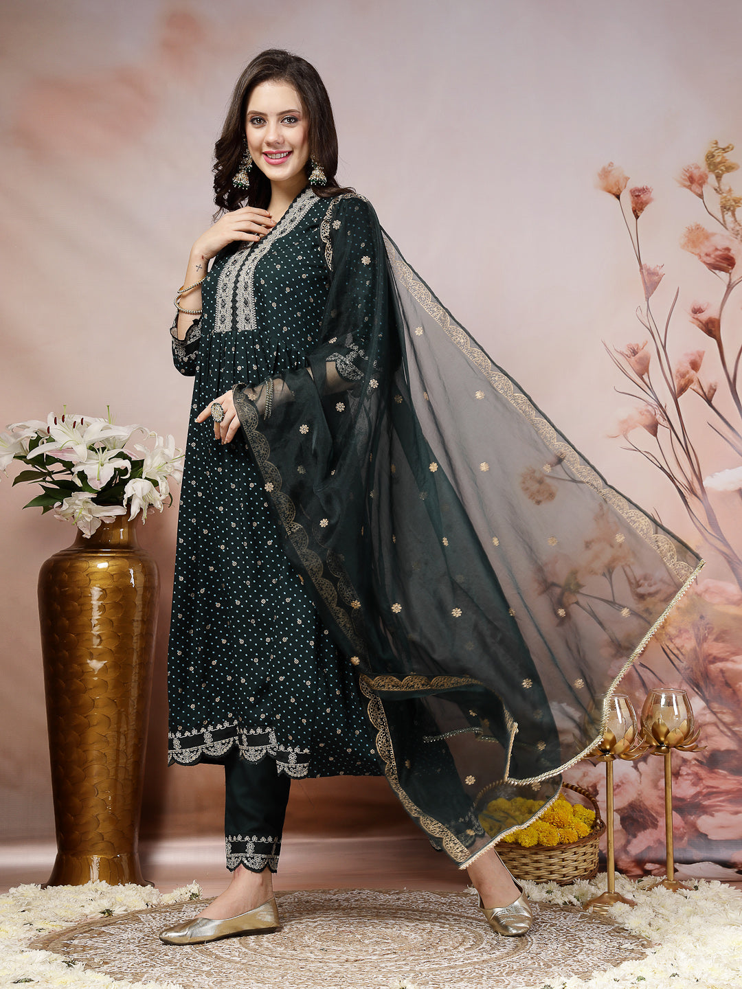 Teal Bandhani Printed &amp; Embroidered Rayon Flared Kurta Pant Dupatta Set