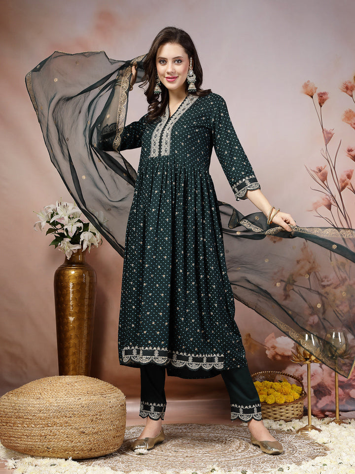 Teal Bandhani Printed &amp; Embroidered Rayon Flared Kurta Pant Dupatta Set