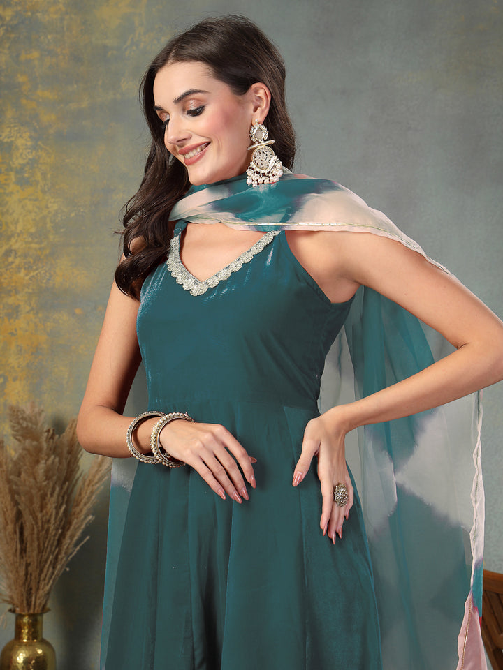 Green Solid &amp; Embroidered Velvet Anarkali Kurta Pant Dupatta Set
