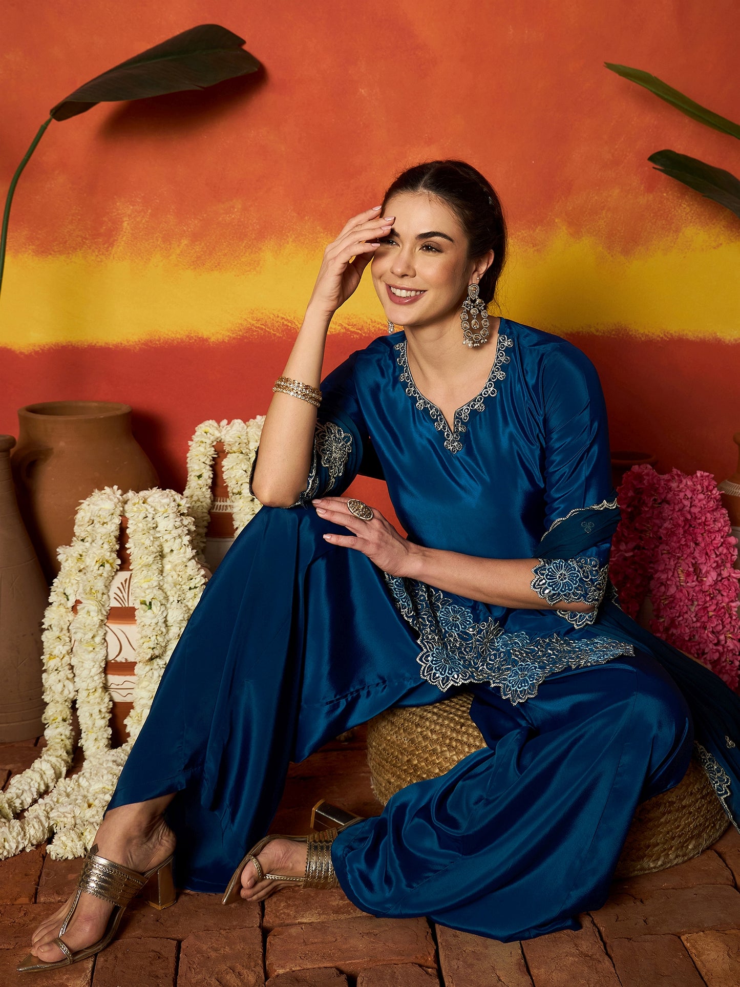 Solid & Embroidered Silk Blend Straight Kurti Palazzo Dupatta Set Set