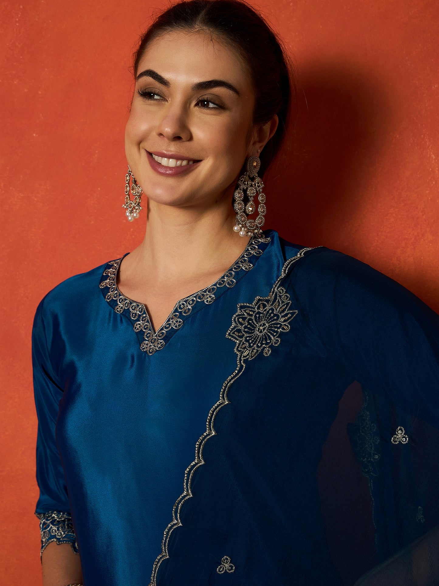 Solid & Embroidered Silk Blend Straight Kurti Palazzo Dupatta Set Set