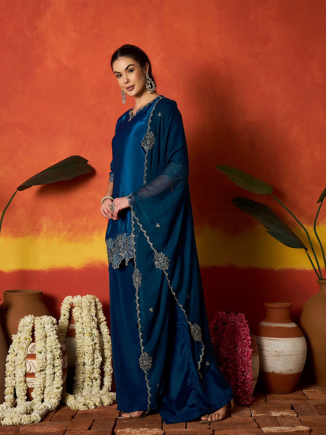 Solid &amp; Embroidered Silk Blend Straight Kurti Palazzo Dupatta Set Set