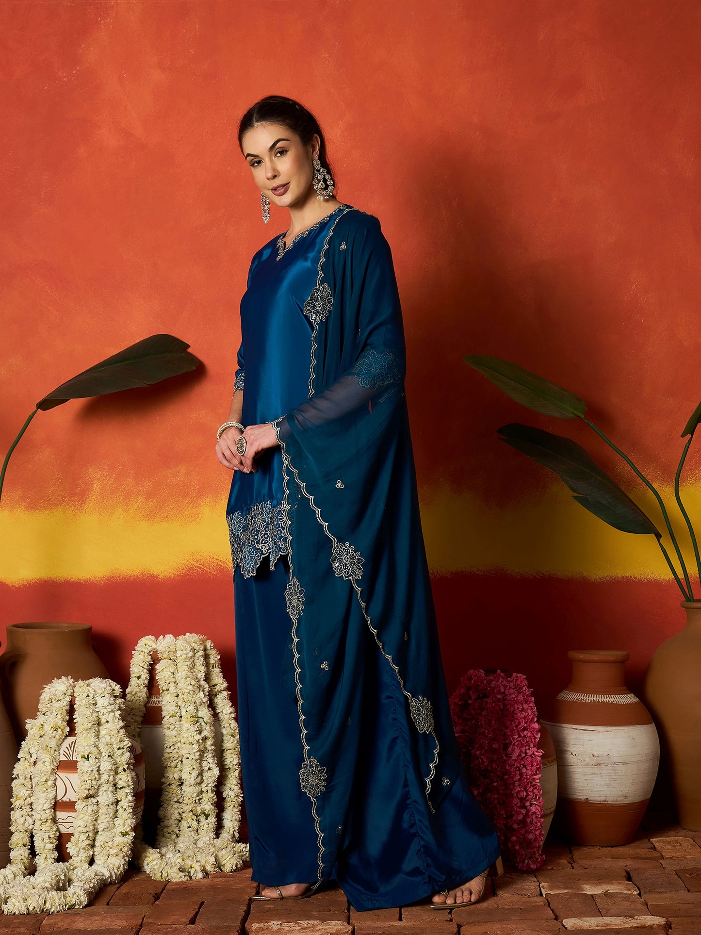 Solid & Embroidered Silk Blend Straight Kurti Palazzo Dupatta Set Set