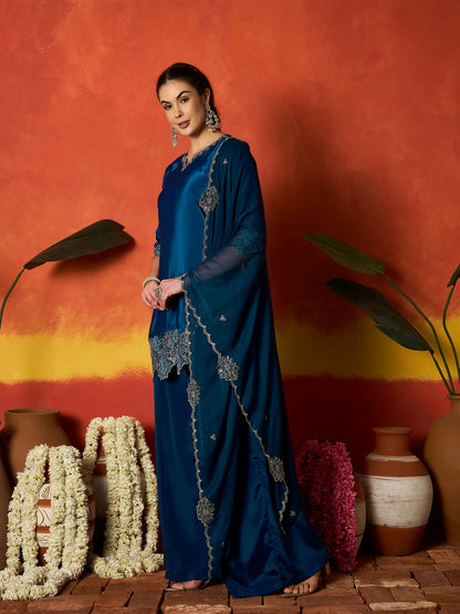 Solid & Embroidered Silk Blend Straight Kurti Palazzo Dupatta Set Set