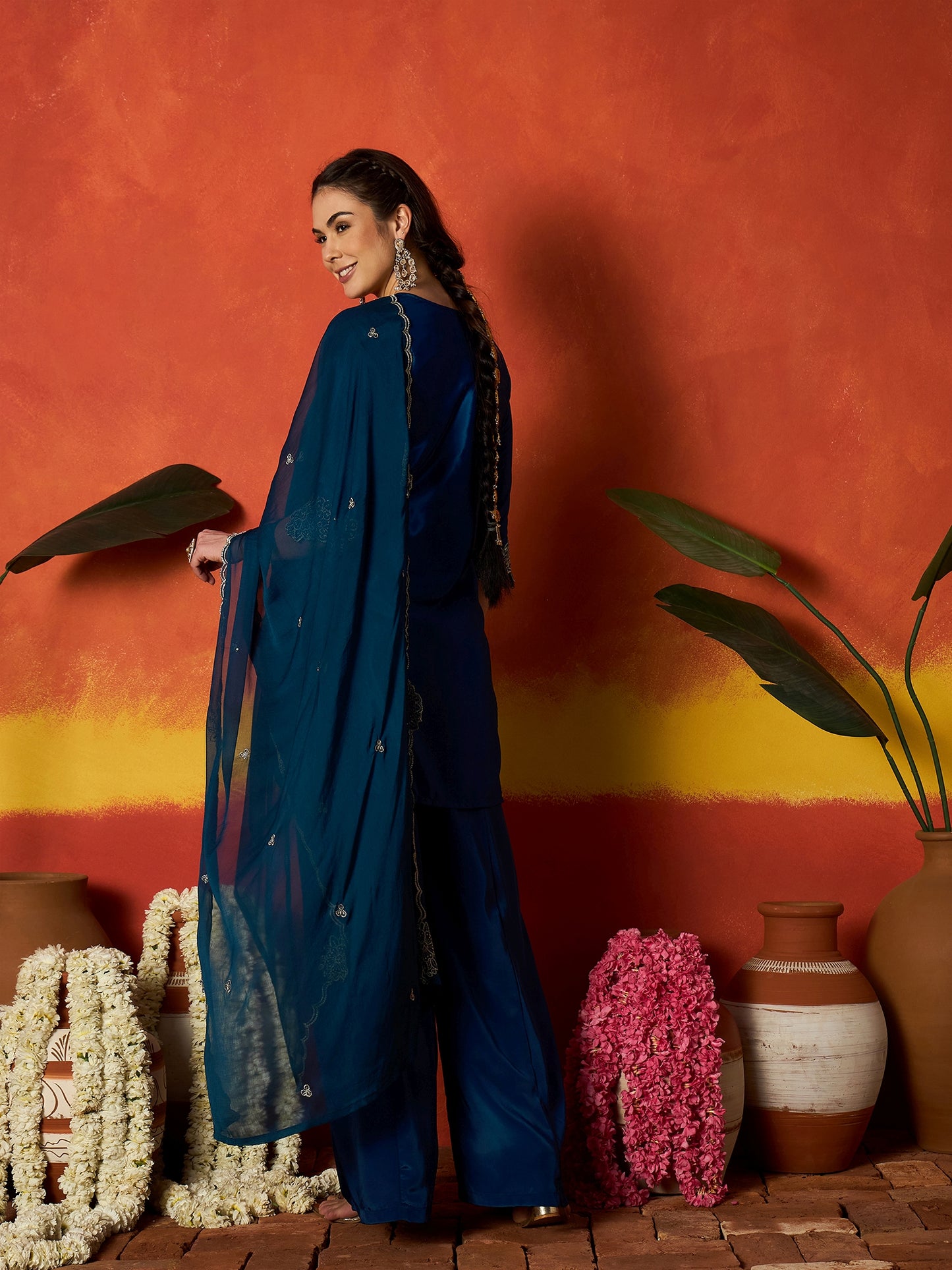 Solid & Embroidered Silk Blend Straight Kurti Palazzo Dupatta Set Set