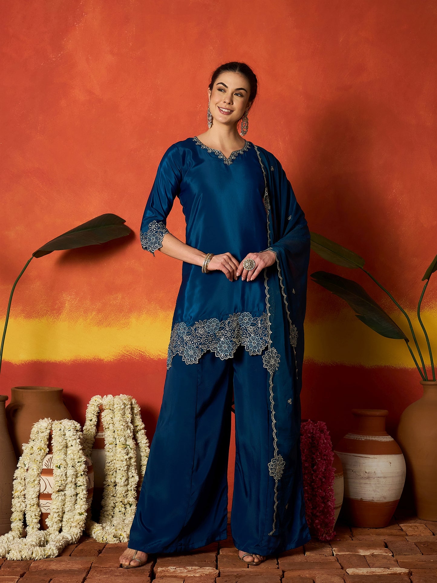 Solid & Embroidered Silk Blend Straight Kurti Palazzo Dupatta Set Set