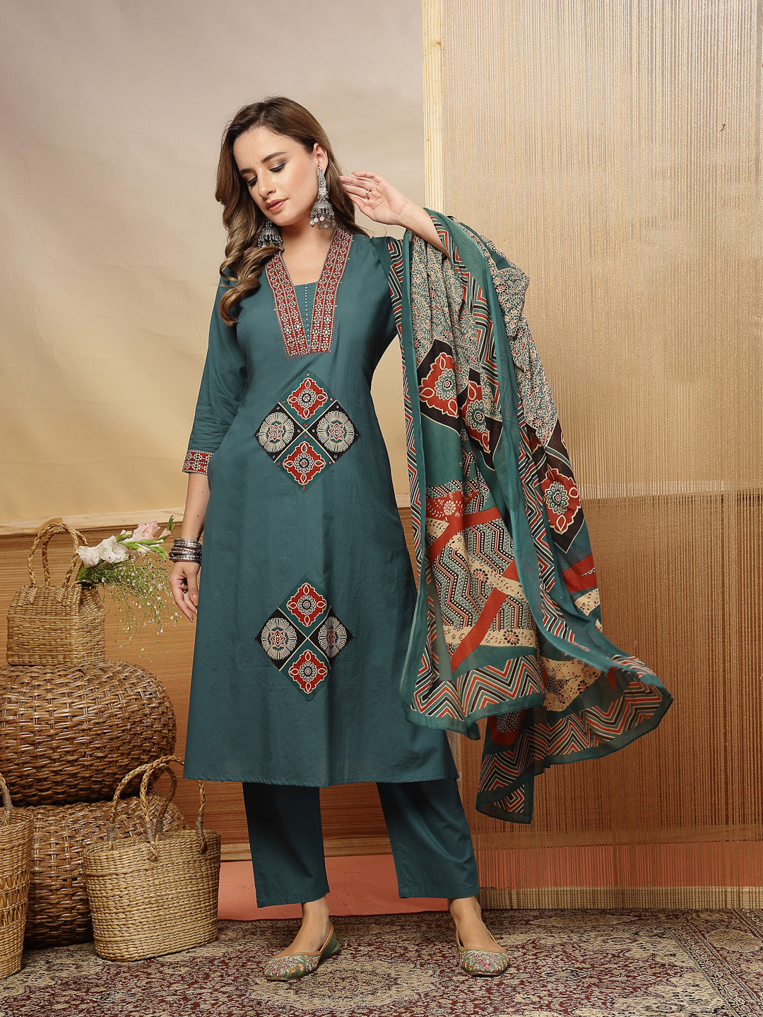 Solid Cotton A-Line Kurta Pant Dupatta Set