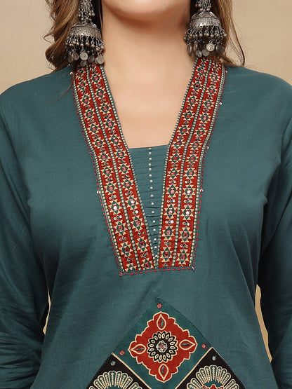 Solid Cotton A-Line Kurta Pant Dupatta Set