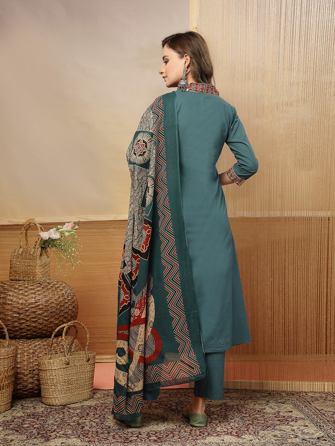 Solid Cotton A-Line Kurta Pant Dupatta Set