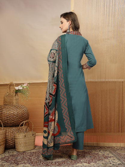 Solid Cotton A-Line Kurta Pant Dupatta Set